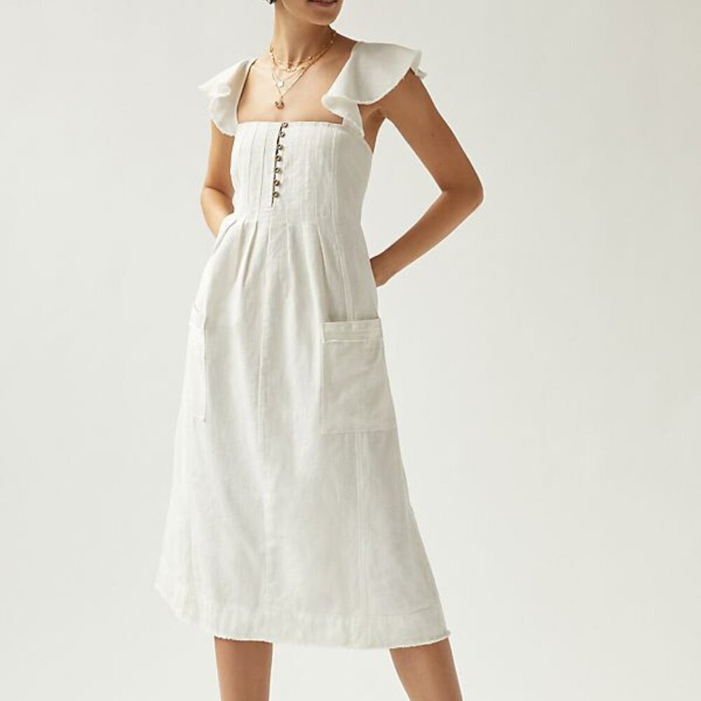 Anthropologie Pilcro Flutter Sleeve Linen-Blend Midi Dress White M